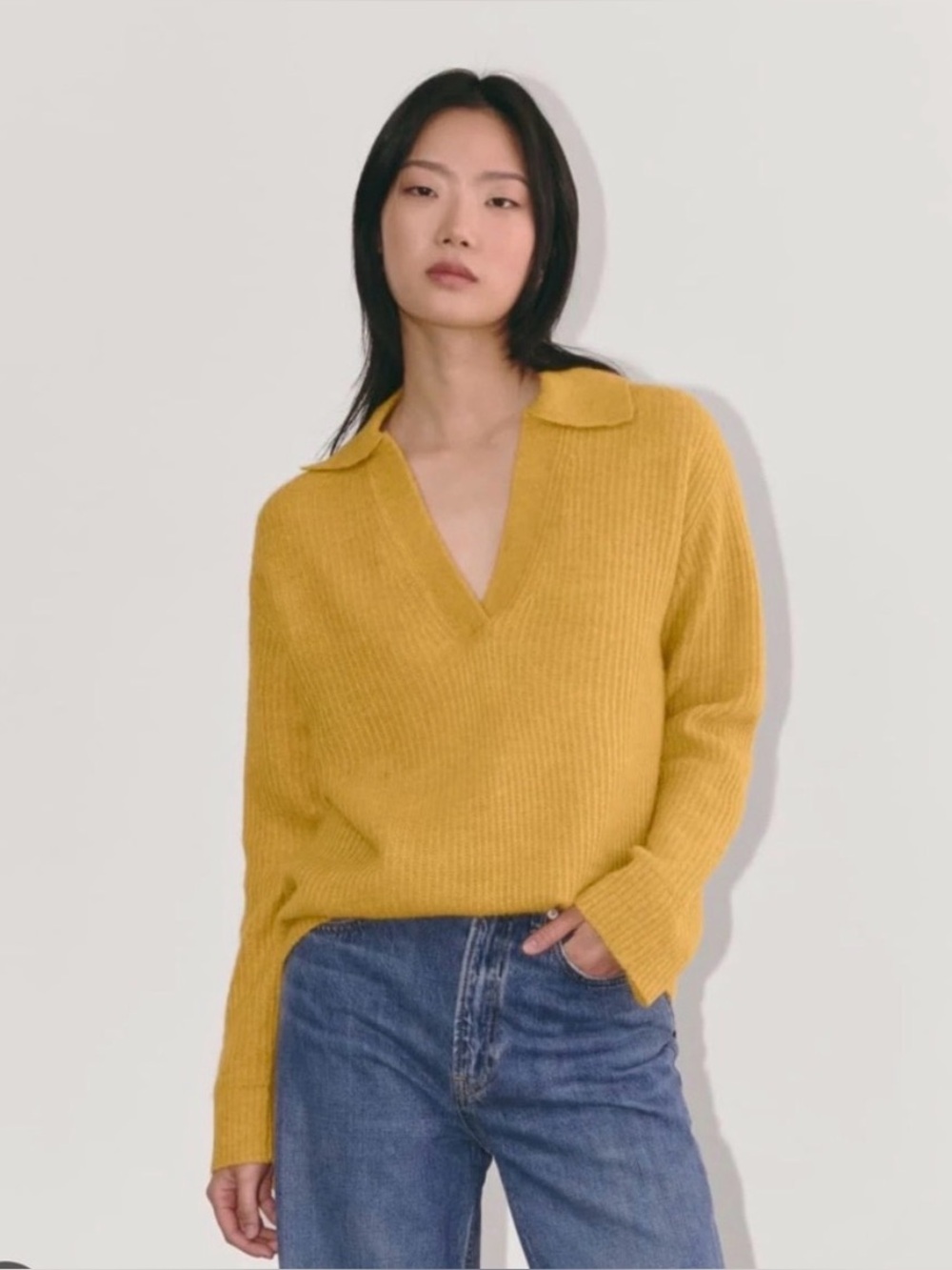 EVERLANE oversized alpaca polo sweater in mustard yellow